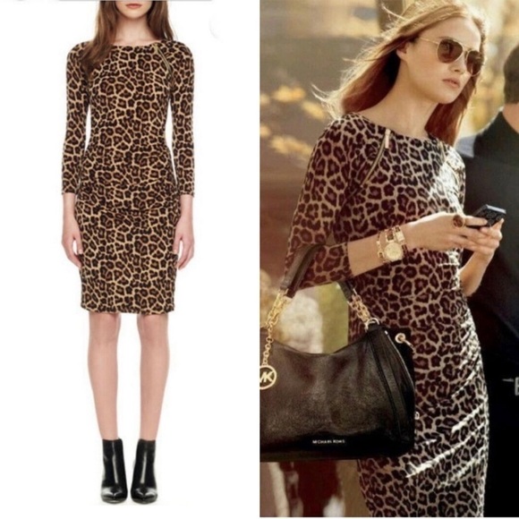 MICHAEL Michael Kors Leopard Ruch Midi Dress Sz S EUC - Picture 1 of 5